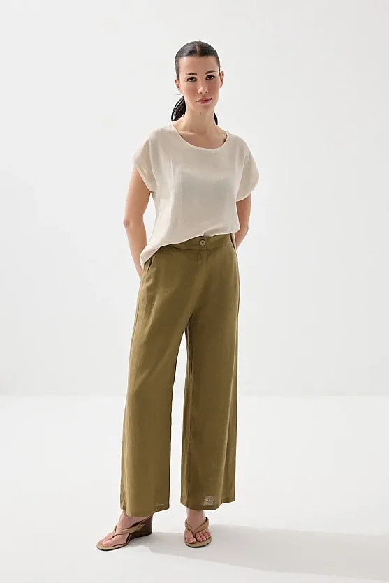Bol Paça Keten Pantolon - Haki - 5