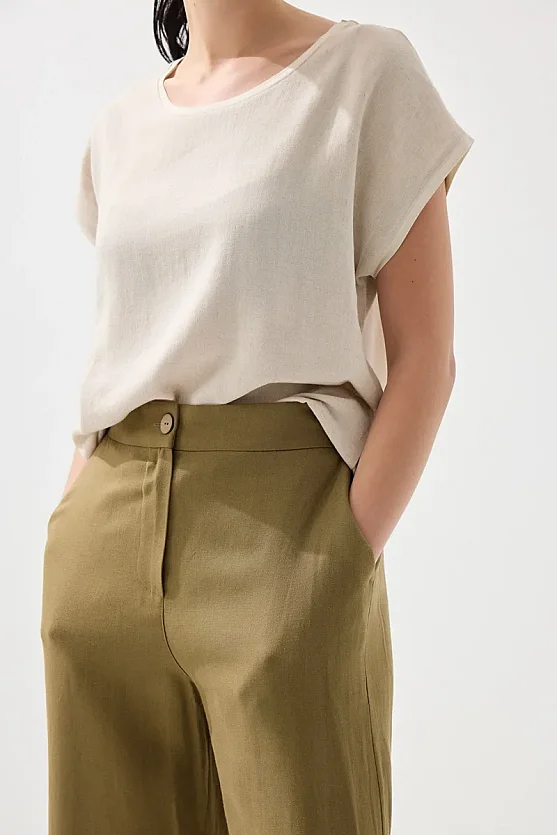 Bol Paça Keten Pantolon - Haki - Gusto