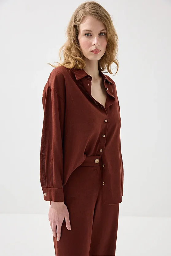 Bol Paça Keten Pantolon - Kiremit - 4