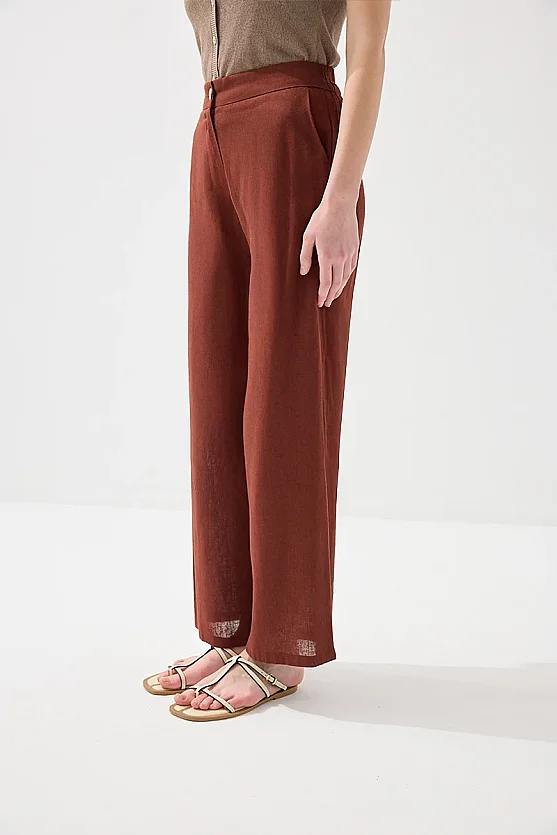 Bol Paça Keten Pantolon - Kiremit - Gusto