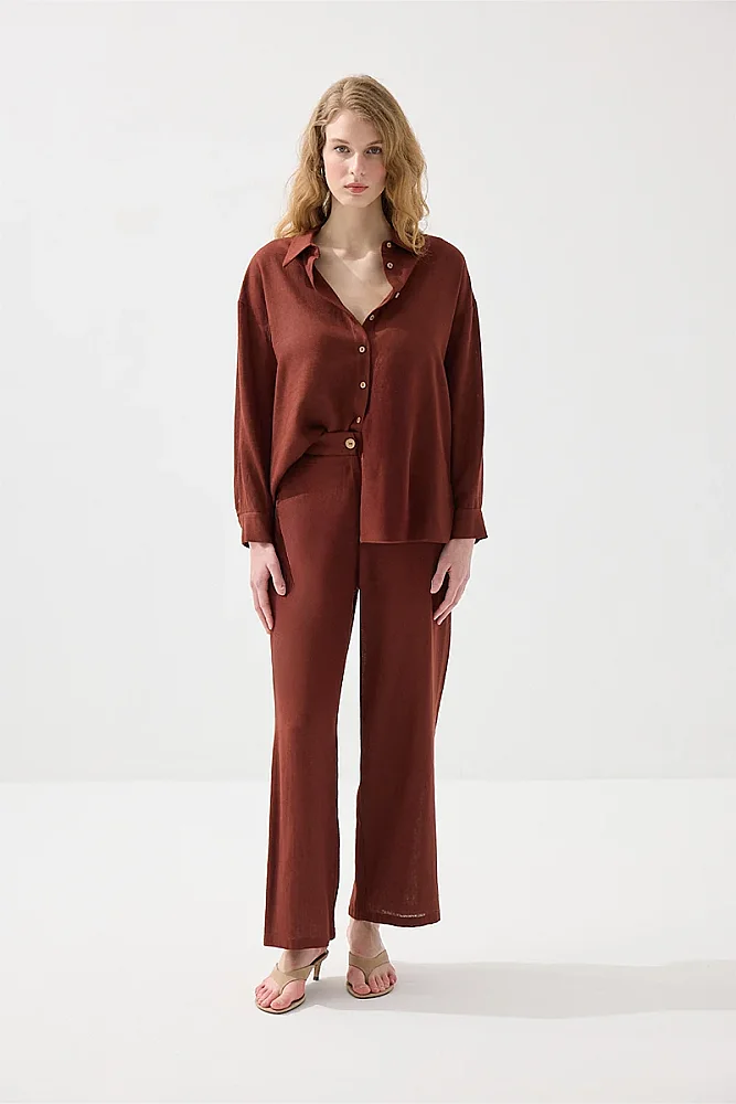 Bol Paça Keten Pantolon - Kiremit - Gusto