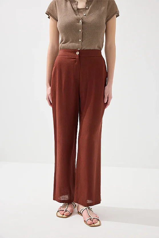 Bol Paça Keten Pantolon - Kiremit - Gusto