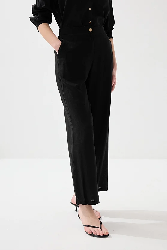 Bol Paça Keten Pantolon - Siyah - 3