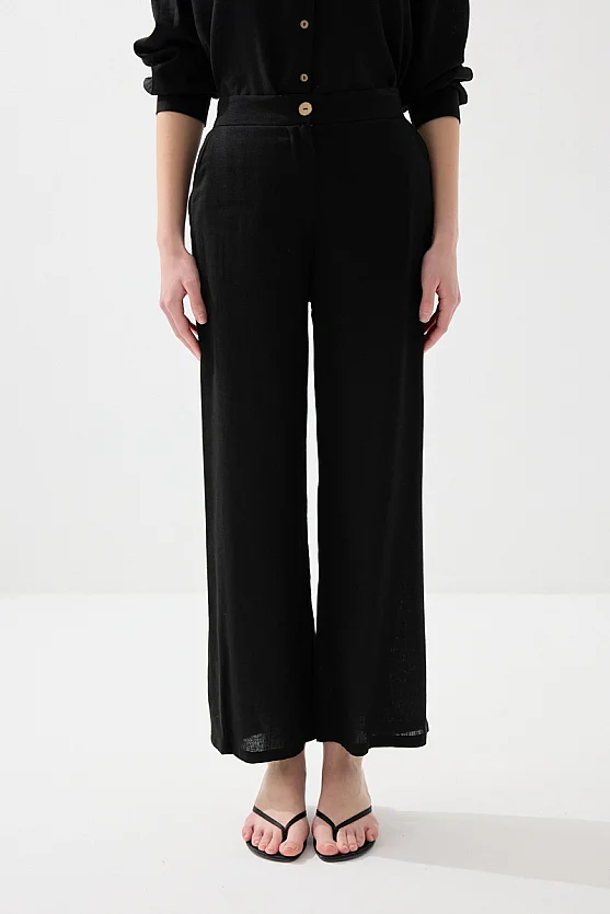 Bol Paça Keten Pantolon - Siyah - 2