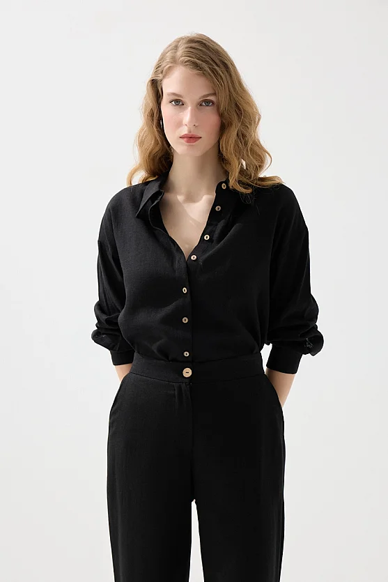 Bol Paça Keten Pantolon - Siyah - Gusto