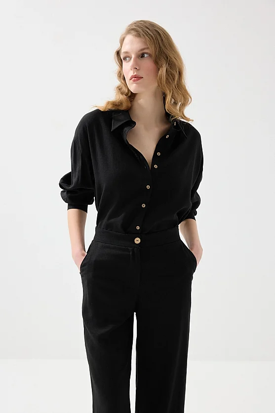 Bol Paça Keten Pantolon - Siyah - 5