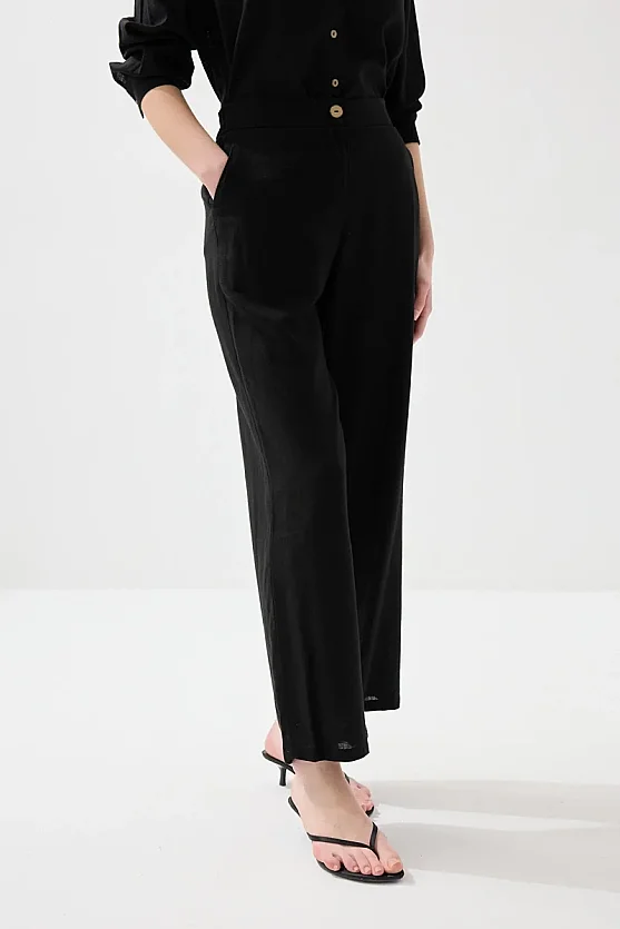 Bol Paça Keten Pantolon - Siyah - Gusto