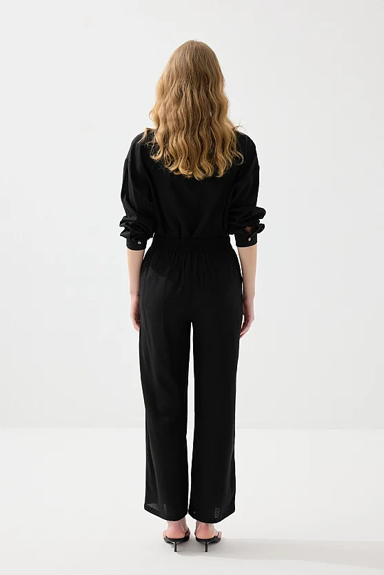 Bol Paça Keten Pantolon - Siyah - Gusto