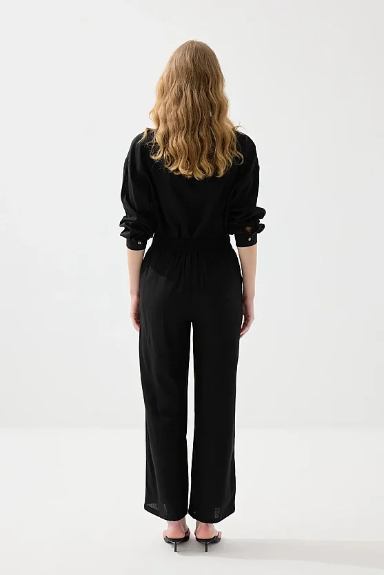 Bol Paça Keten Pantolon - Siyah - Gusto