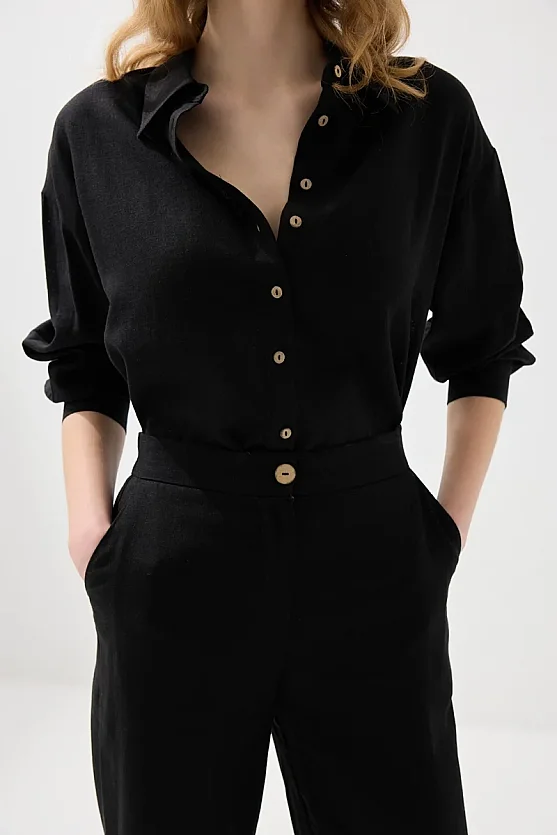 Bol Paça Keten Pantolon - Siyah - Gusto