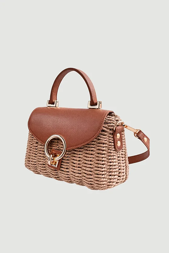 Kilit Detaylı Hasır Çanta - Bej - 2