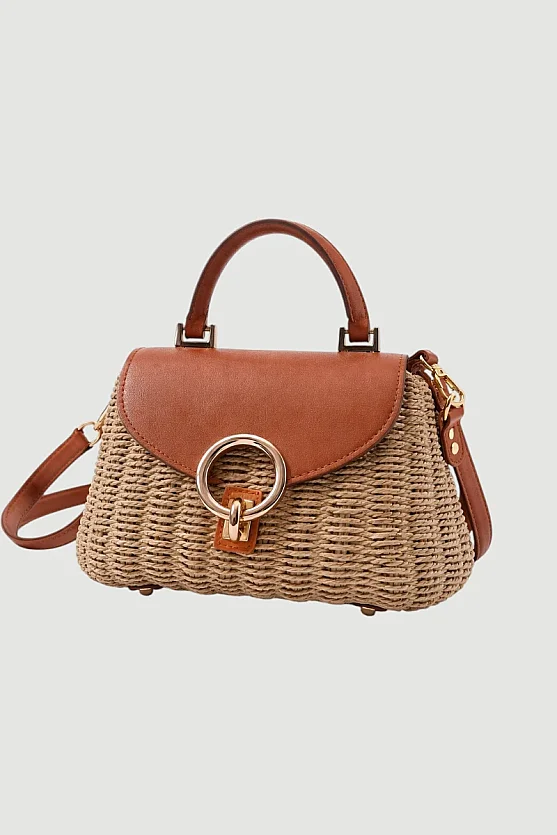 Kilit Detaylı Hasır Çanta - Bej - 1