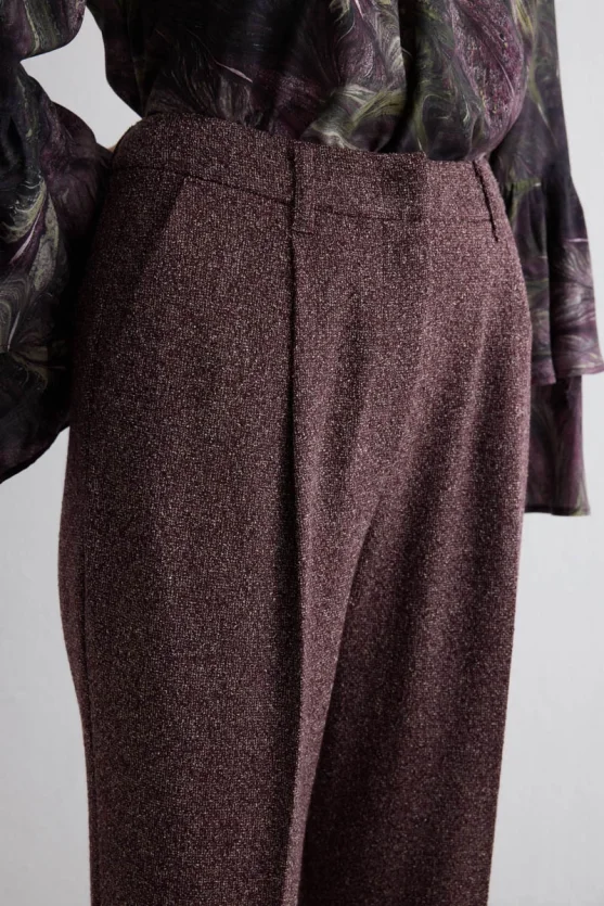 Kırçıllı Yüksek Bel Pileli Pantolon - Bordo - 4