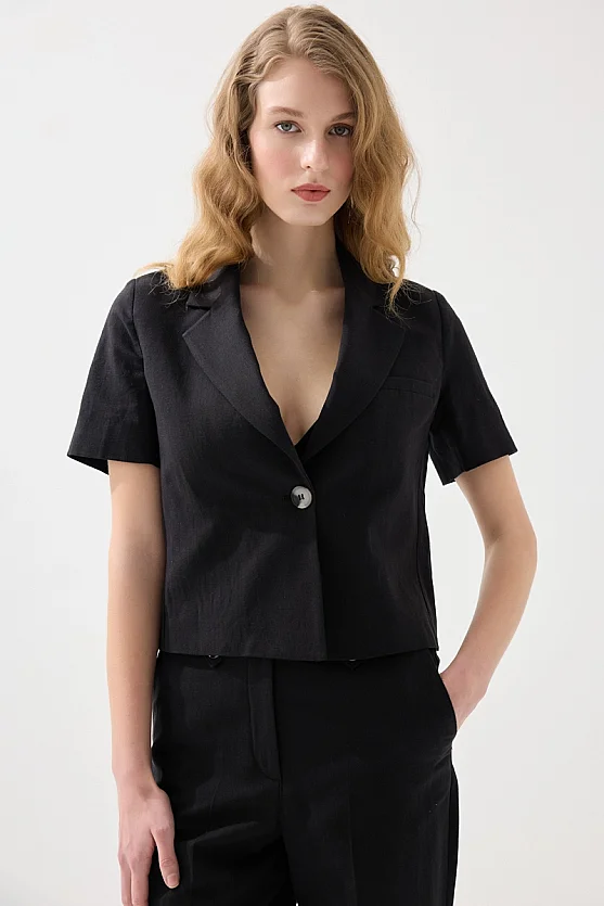 Kısa Keten Ceket - Siyah - 2