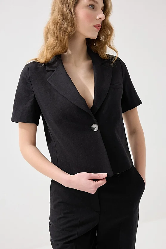Kısa Keten Ceket - Siyah - 3