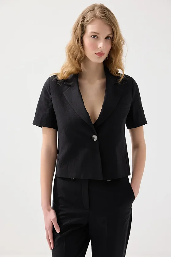 Kısa Keten Ceket - Siyah - Gusto