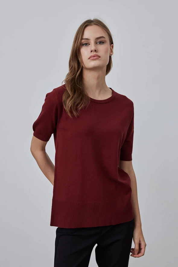 Kısa Kol Basic Triko Tshirt - Bordo - 1