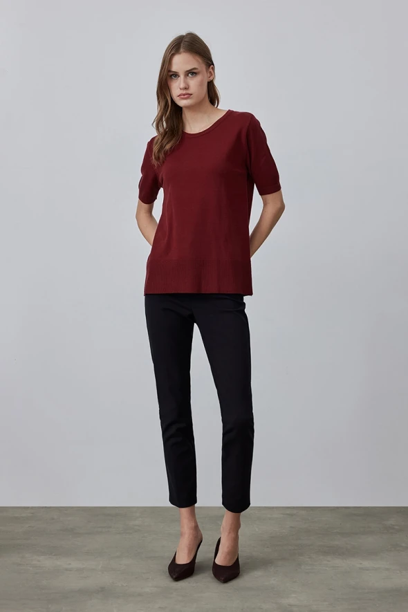 Kısa Kol Basic Triko Tshirt - Bordo - 2