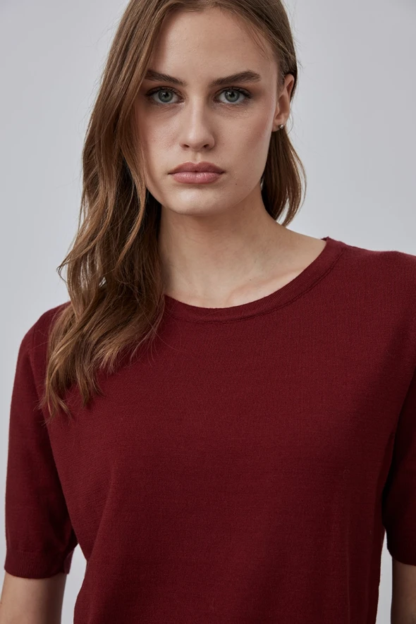 Kısa Kol Basic Triko Tshirt - Bordo - 3