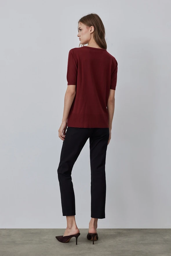 Kısa Kol Basic Triko Tshirt - Bordo - 4