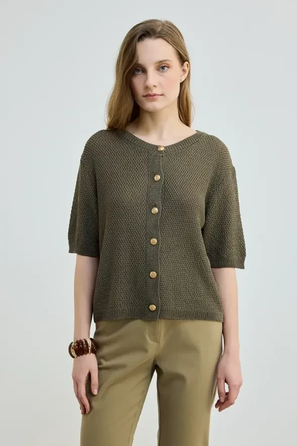 Kısa Kol Örgülü Keten Triko Bluz - Haki - Gusto