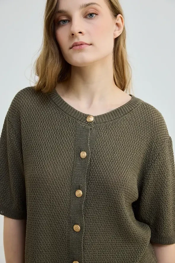 Kısa Kol Örgülü Keten Triko Bluz - Haki - Gusto