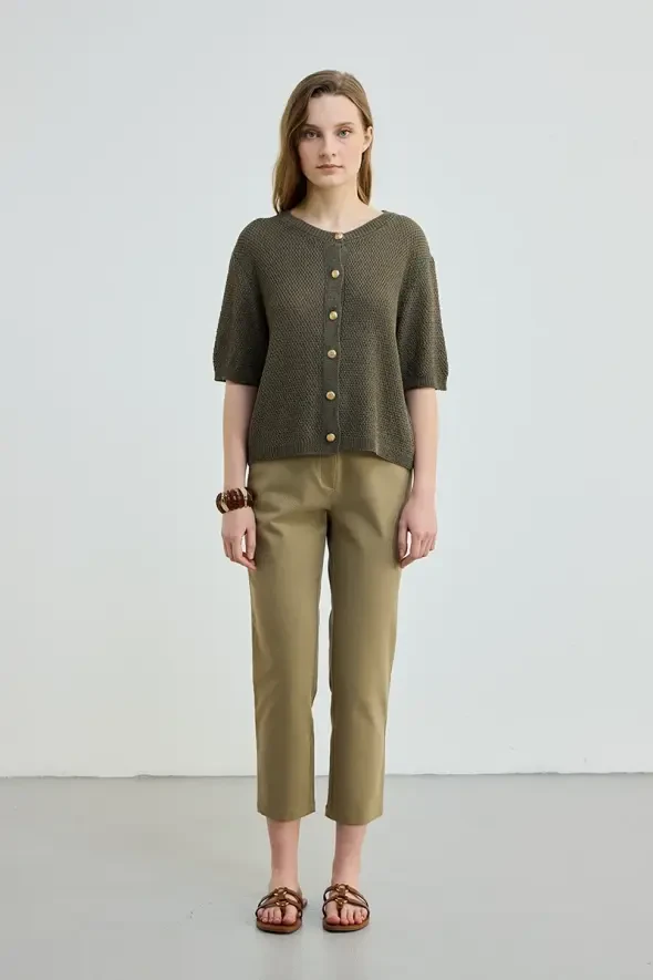 Kısa Kol Örgülü Keten Triko Bluz - Haki - Gusto
