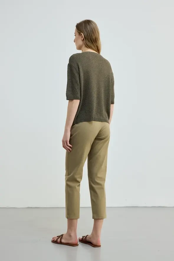 Kısa Kol Örgülü Keten Triko Bluz - Haki - Gusto