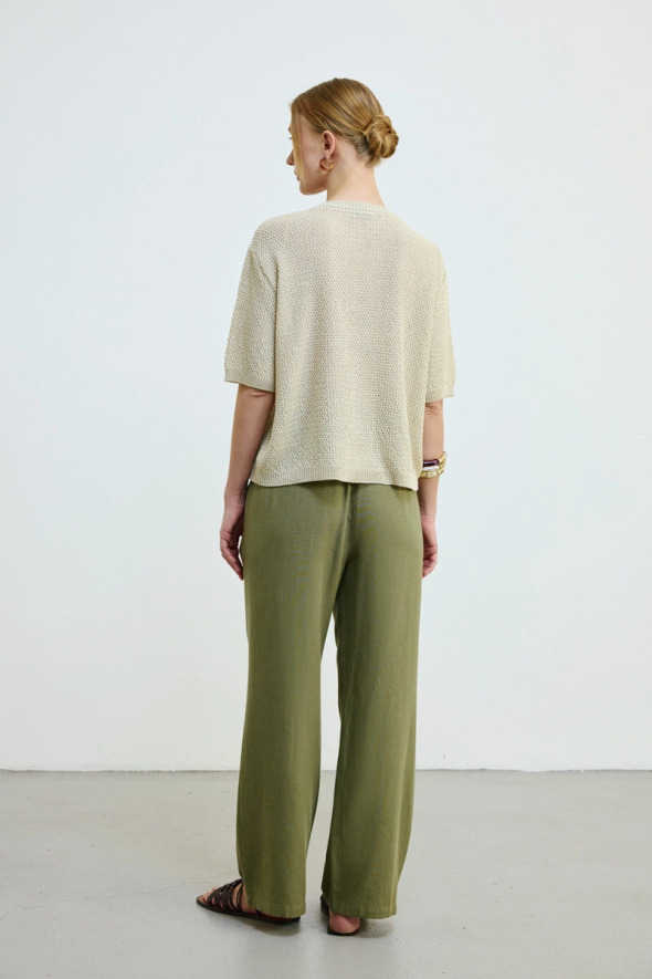 Kısa Kol Örgülü Keten Triko Bluz - Taş - Gusto