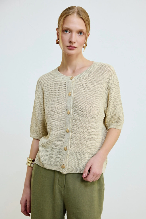 Kısa Kol Örgülü Keten Triko Bluz - Taş - Gusto