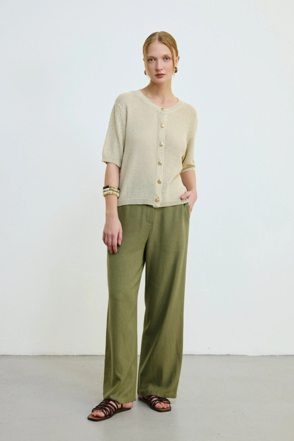 Kısa Kol Örgülü Keten Triko Bluz - Taş - Gusto