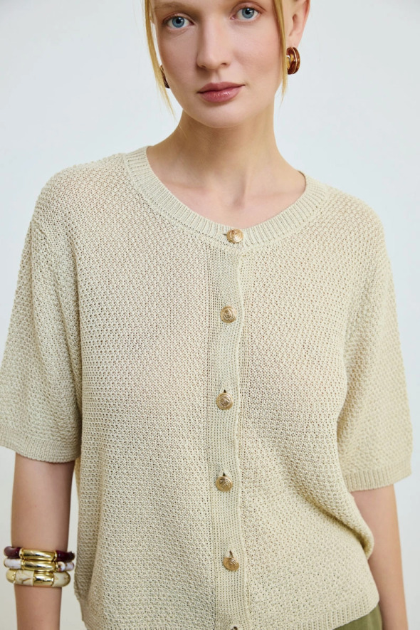 Kısa Kol Örgülü Keten Triko Bluz - Taş - Gusto