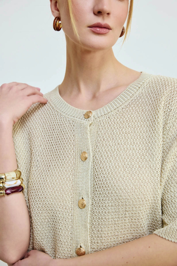 Kısa Kol Örgülü Keten Triko Bluz - Taş - Gusto