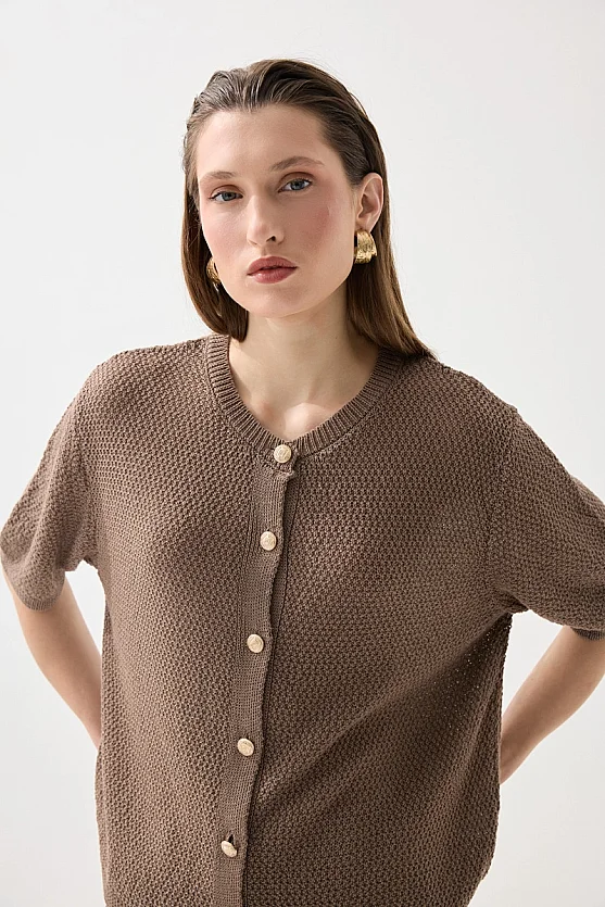 Kısa Kol Örgülü Keten Triko - Kahverengi - Gusto