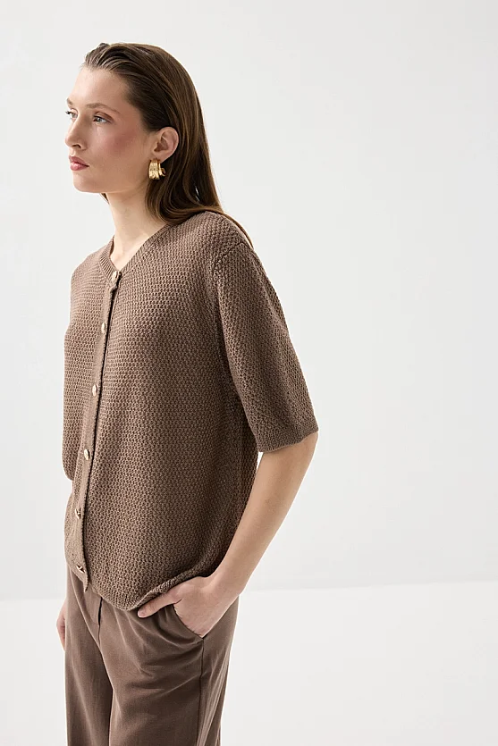 Kısa Kol Örgülü Keten Triko - Kahverengi - 4