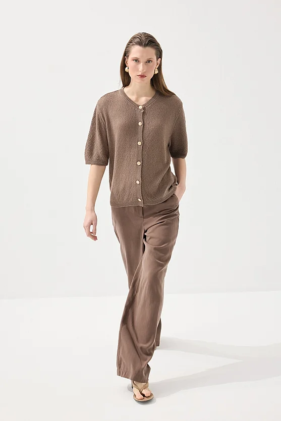 Kısa Kol Örgülü Keten Triko - Kahverengi - 7