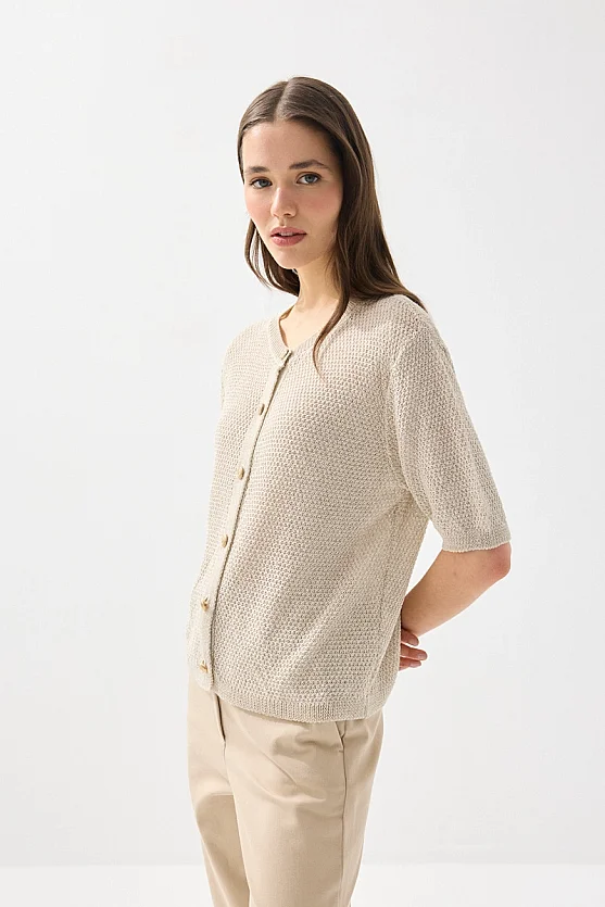 Kısa Kol Örgülü Keten Triko - Taş - Gusto