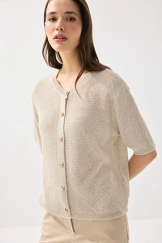 Kısa Kol Örgülü Keten Triko - Taş - Gusto