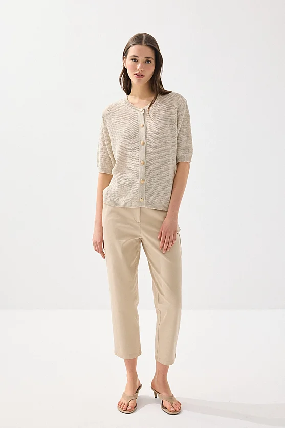 Kısa Kol Örgülü Keten Triko - Taş - Gusto