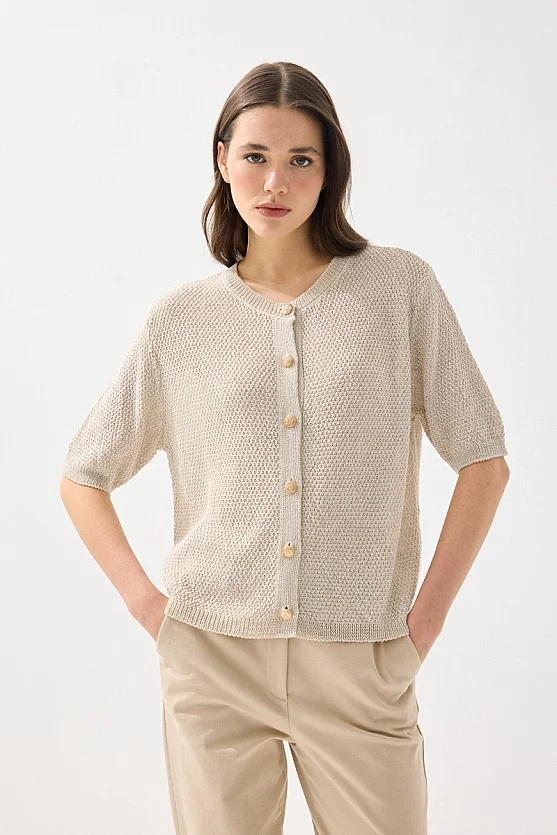 Kısa Kol Örgülü Keten Triko - Taş - 4