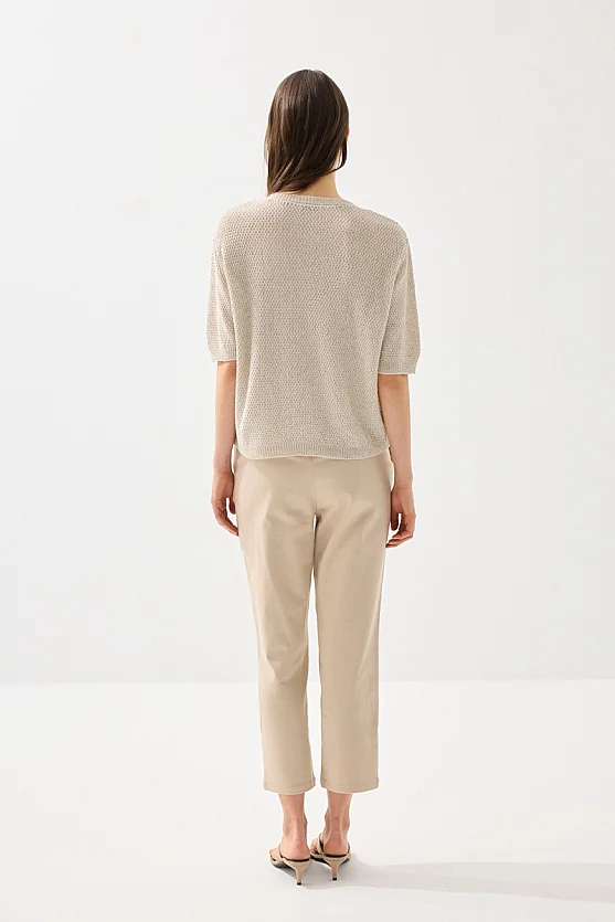 Kısa Kol Örgülü Keten Triko - Taş - 6