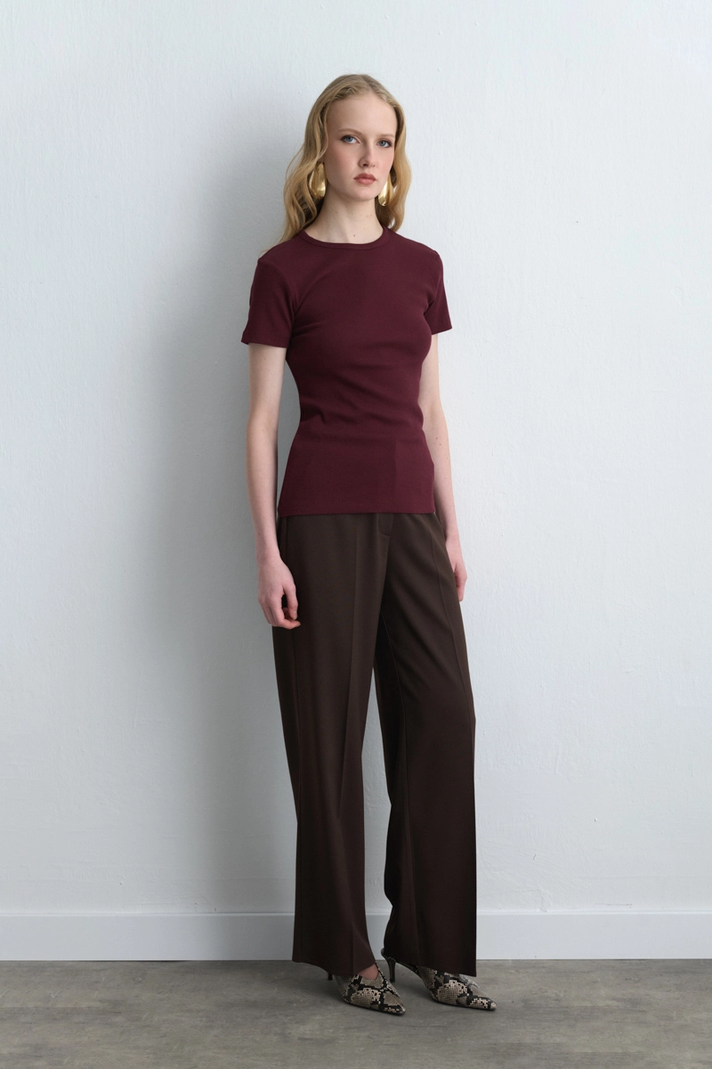 Kısa Kollu Basic Pamuk Tshirt - Bordo Bordo
