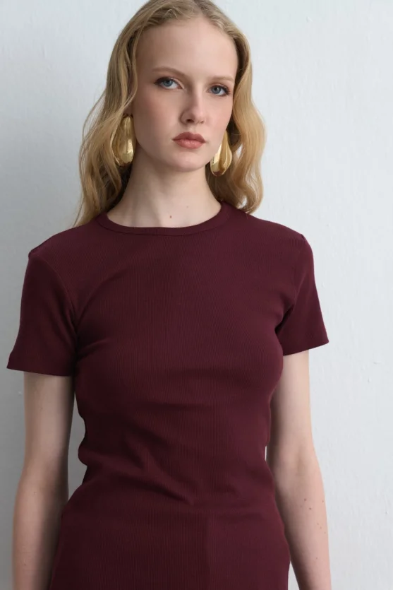 Kısa Kollu Basic Pamuk Tshirt - Bordo - 2
