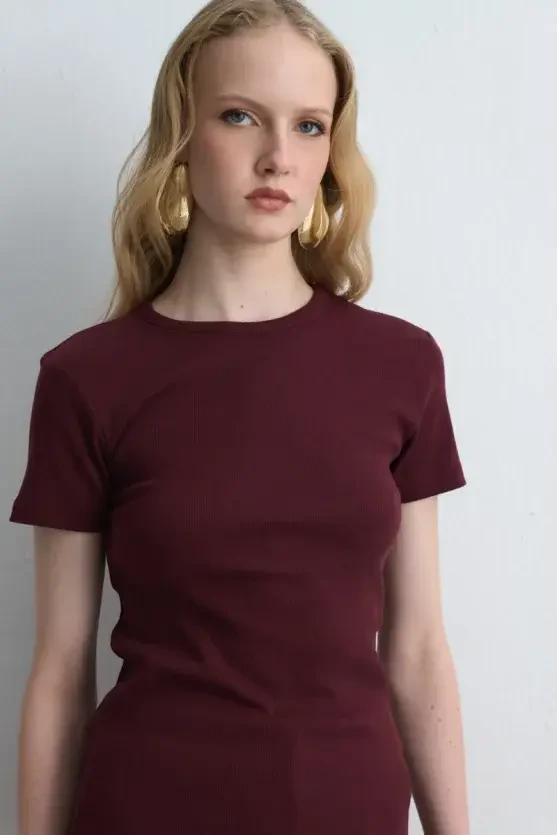 Kısa Kollu Basic Pamuk Tshirt - Bordo - Gusto