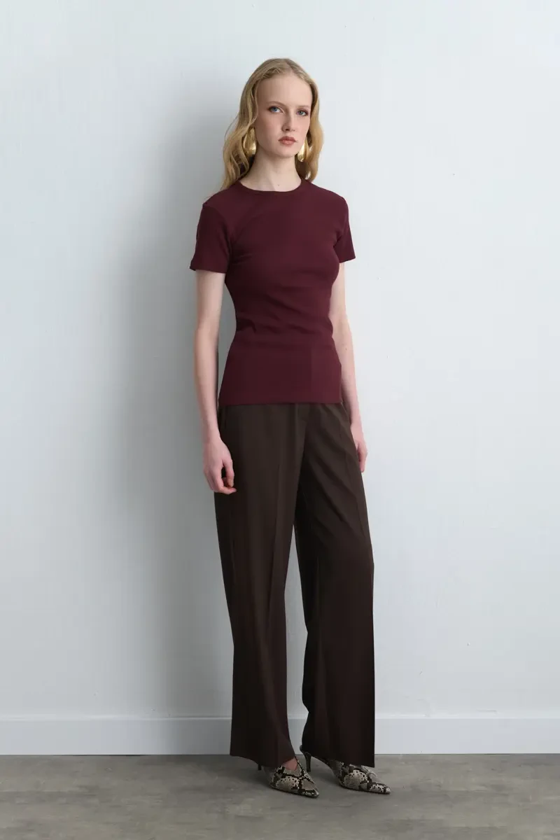 Kısa Kollu Basic Pamuk Tshirt - Bordo - Gusto