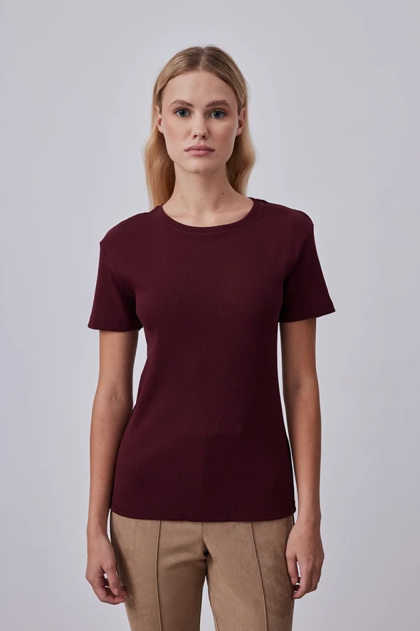 Kısa Kollu Basic Pamuk Tshirt - Bordo - 1