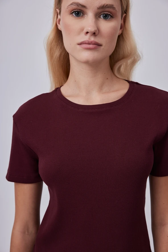 Kısa Kollu Basic Pamuk Tshirt - Bordo - 3