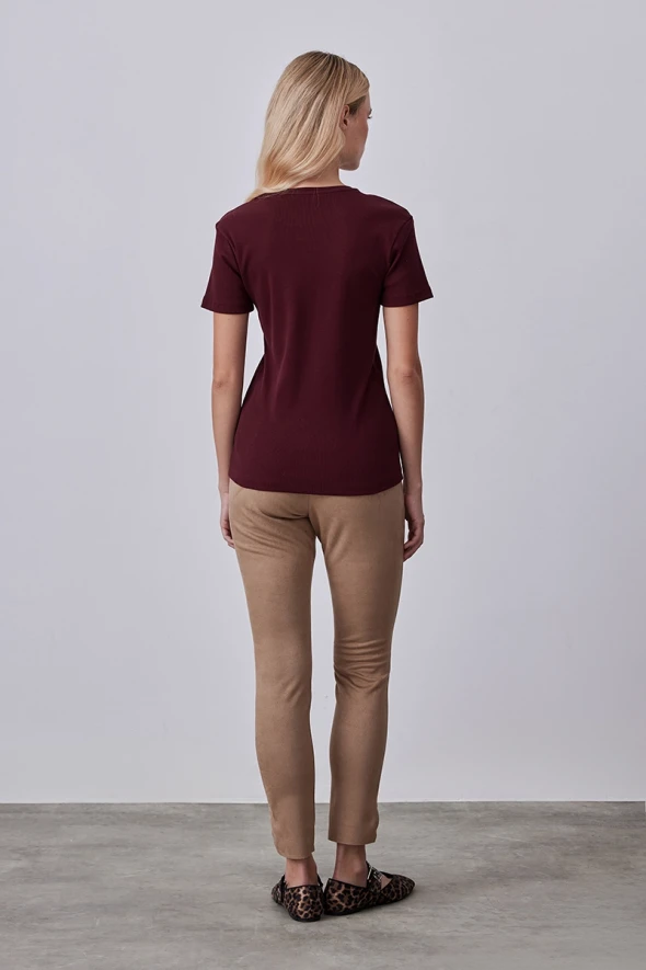 Kısa Kollu Basic Pamuk Tshirt - Bordo - 4