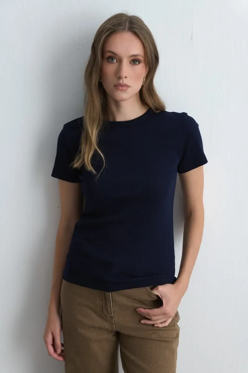 Kısa Kollu Basic Pamuk Tshirt - Lacivert - Gusto