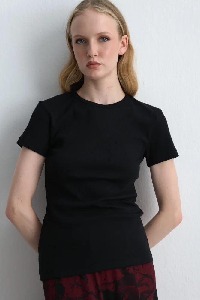 Kısa Kollu Basic Pamuk Tshirt - Siyah